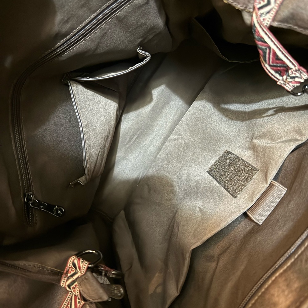 Brown Leather Backpack With Patterned Straps - image 4